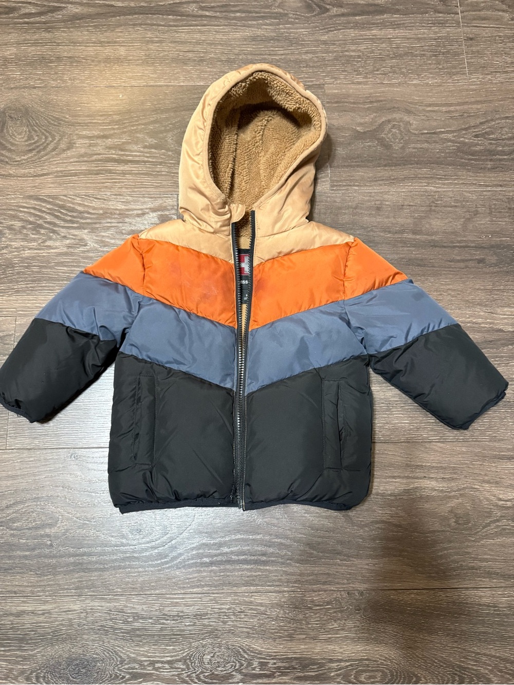 Swiss Tech Kids Colorblock Puffer Jacket in Black, Orange, Blue, Tan